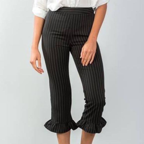PINSTRIPE HIGH WAIST RUFFLE CROP PANTS - Picture 2 of 6